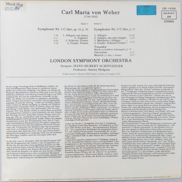 Carl Maria von Weber - The London Symphony Orchestra, Hans-Hubert Schönzeler : Symphonien Nr. 1 Und 2 (LP)
