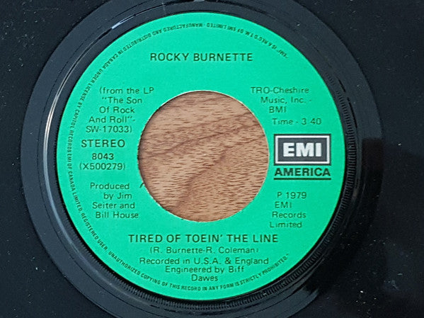 Rocky Burnette : Tired Of Toein' The Line / Boogie Down In Mobile, Alabama (7", Single)
