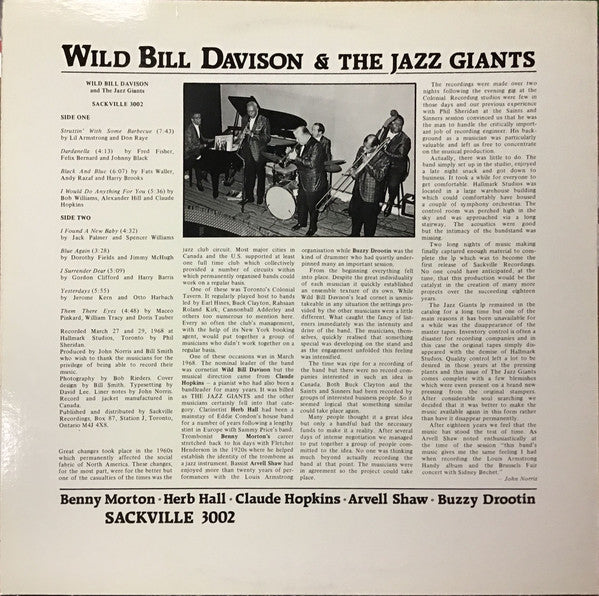 The Jazz Giants (6) Featuring Wild Bill Davison, Buzzy Drootin, Herb Hall, Claude Hopkins, Benny Morton, Arvell Shaw : The Jazz Giants (LP, Album, RE)