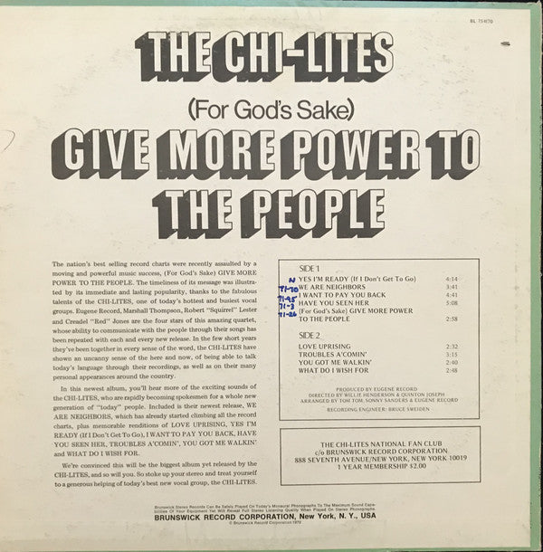 The Chi-Lites : (For God's Sake) Give More Power To The People (LP, Album)