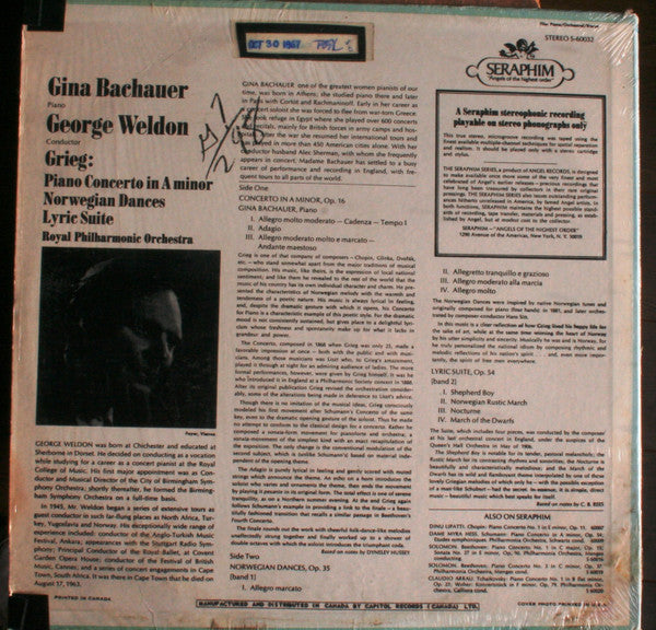 Grieg* - Gina Bachauer, George Weldon, Royal Philharmonic Orchestra* : Piano Concerto In A Minor - Norwegian Dances, Lyric Suite (LP)