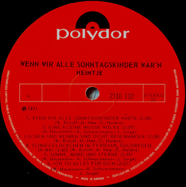 Heintje : Wenn Wir Alle Sonntagskinder Wär'n (LP, Album)