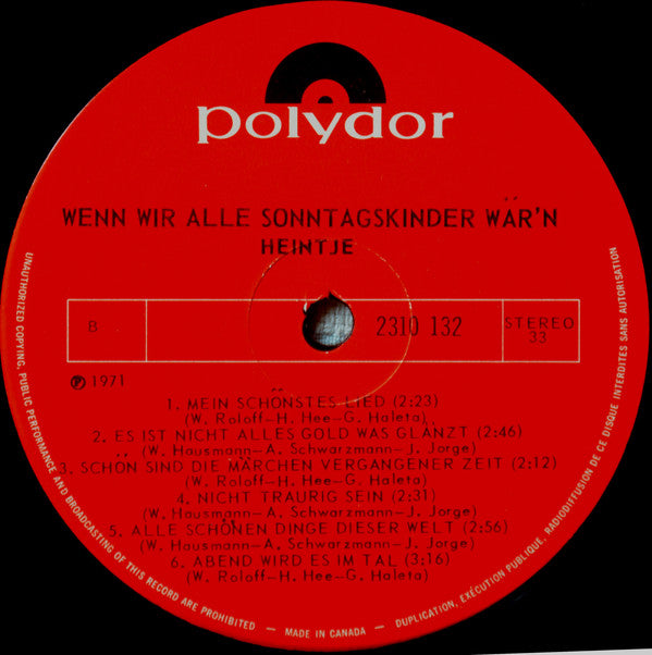 Heintje : Wenn Wir Alle Sonntagskinder Wär'n (LP, Album)