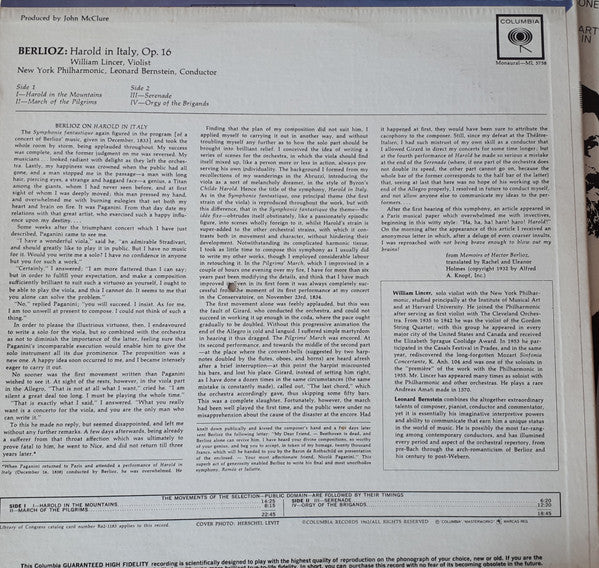 Berlioz*, Leonard Bernstein, The New York Philharmonic Orchestra : Harold In Italy Op. 16 (LP, Mono)
