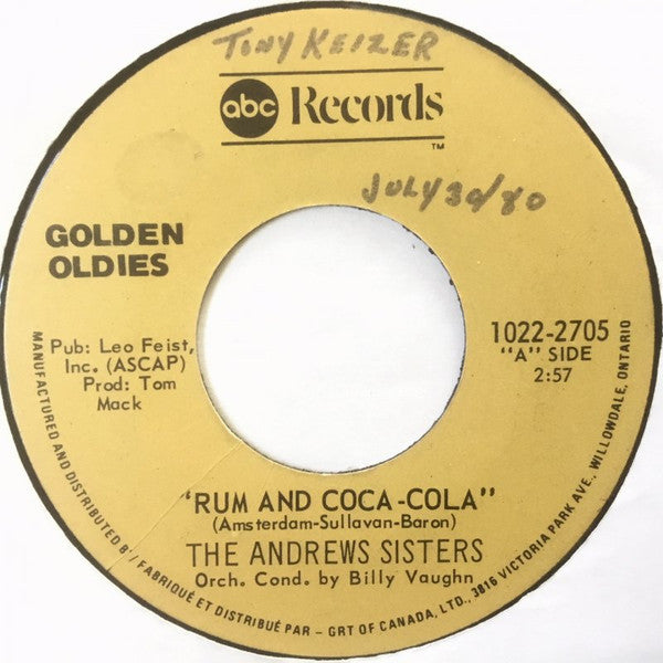 The Andrews Sisters : Rum And Coca-Cola/Bei Mir Bist Du Schön (7", RE)
