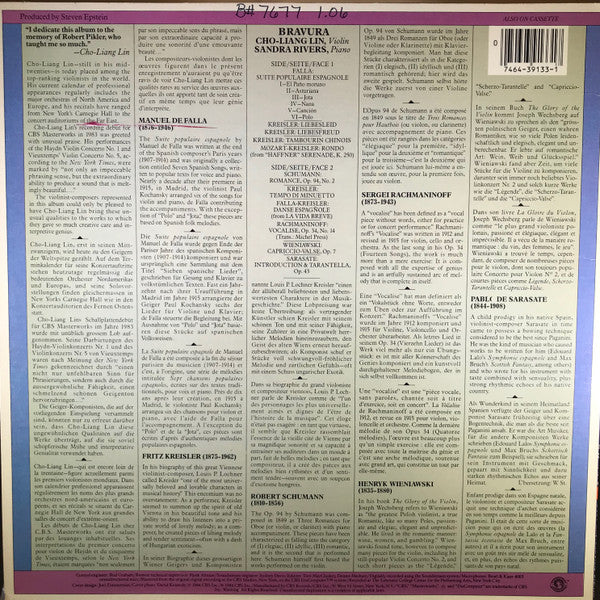 Cho-Liang Lin, Sandra Rivers, Falla*, Sarasate*, Rachmaninoff*, Mozart*, Schumann*, Kreisler*, Wieniawski* : Bravura (LP, Album, Dig)