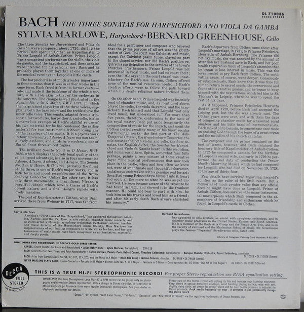 Bach* / Sylvia Marlowe, Bernard Greenhouse : Bach: The Three Sonatas For Harpsichord And Viola Da Gamba (LP, Album)