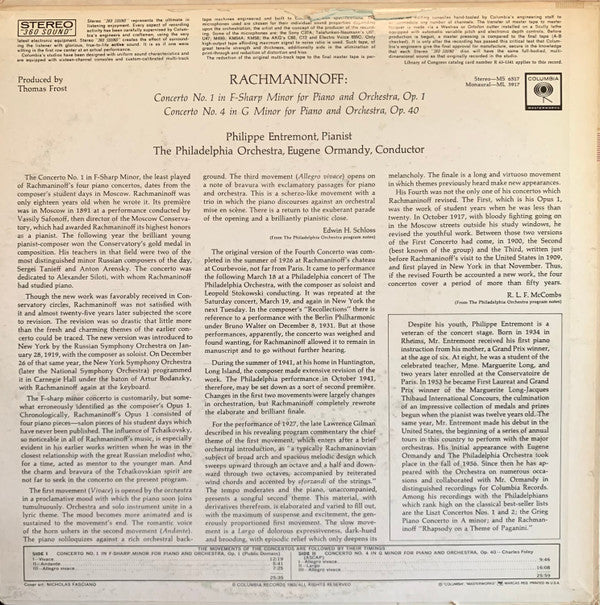 Philippe Entremont, Eugene Ormandy Conducts The Philadelphia Orchestra / Rachmaninoff* : Piano Concerto Nos. 1 And 4 (LP, Mono, RE)