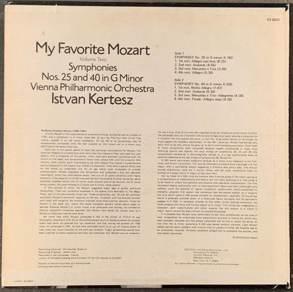 Wolfgang Amadeus Mozart, István Kertész, Wiener Philharmoniker : My Favorite Mozart Volume Two - Symphonies Nos. 25 and 40 in G Minor (LP)