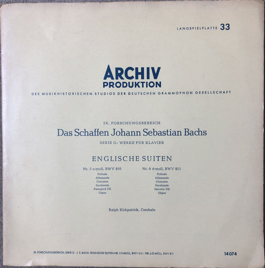 Johann Sebastian Bach - Ralph Kirkpatrick : 6 Englische Suiten (III): Nr. 5 e-moll, BWV 810 / Nr. 6 d-moll, BWV 811 (LP, Mono)