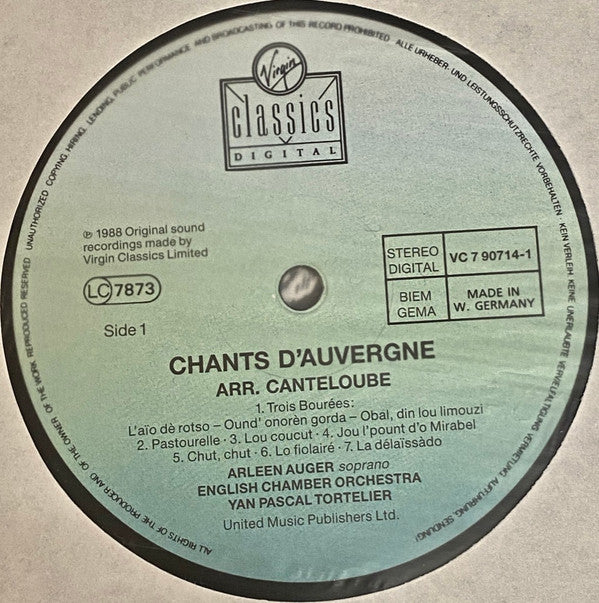 Arleen Auger, Yan Pascal Tortelier : Chants d'Auvergne - Songs of the Auvergne (LP)