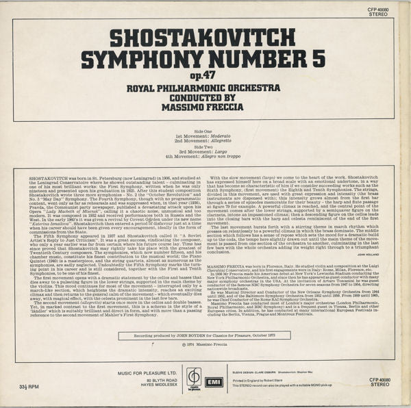 Dmitri Shostakovich - The Royal Philharmonic Orchestra, Massimo Freccia : Symphony Number 5 (LP)