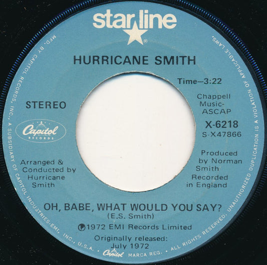 Hurricane Smith : Oh, Babe, What Would You Say? / Who Was It? (7")