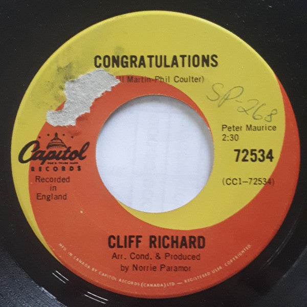 Cliff Richard : Congratulations / High 'N' Dry (7", Single)