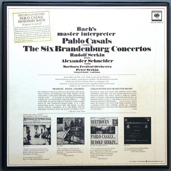 Bach* / Pablo Casals Conducts Marlboro Festival Orchestra, Rudolf Serkin, Alexander Schneider, Peter Serkin : The Six Brandenburg Concertos (2xLP, Album, RE, Pit + Box)