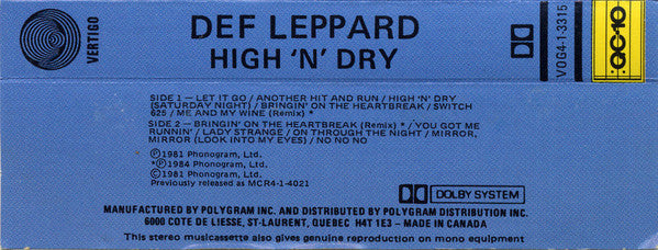 Def Leppard : High 'N' Dry (Cass, Album, RE, Dol)