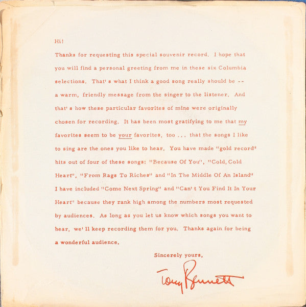 Tony Bennett : Autographed Edition Of Hits (7", EP, Mono, Styrene)