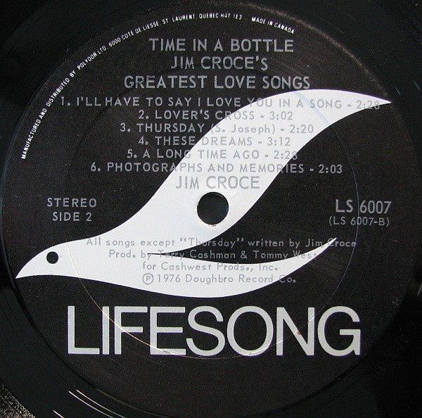 Jim Croce : Time In A Bottle - Jim Croce's Greatest Love Songs (LP, Comp)