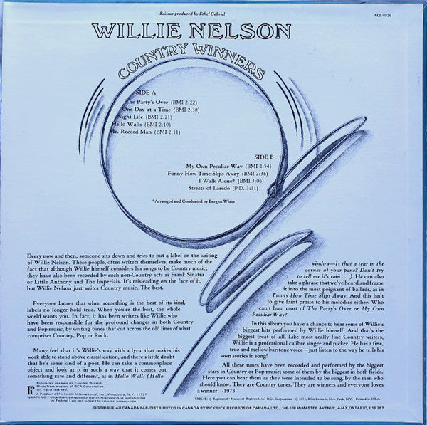 Willie Nelson : Country Winners (LP, Comp, RE)