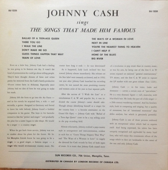 Johnny Cash : Sings The Songs That Made Him Famous (LP, Album, Mono)