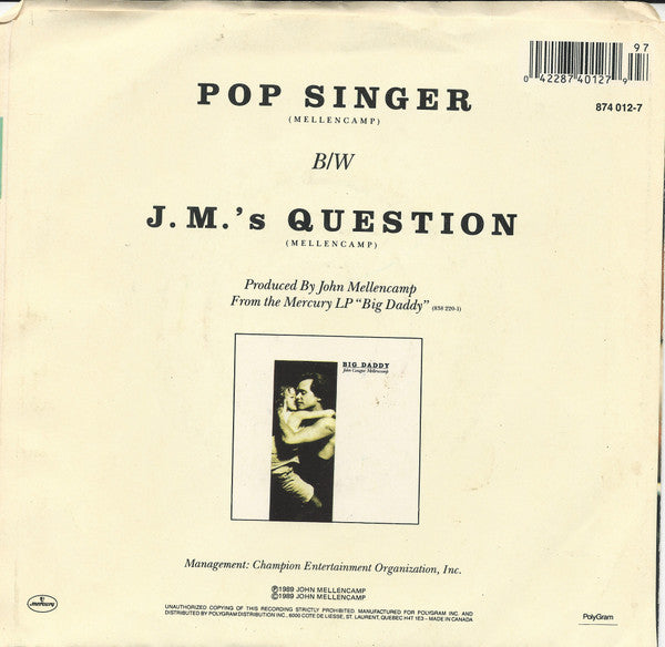 John Cougar Mellencamp : Pop Singer (7")