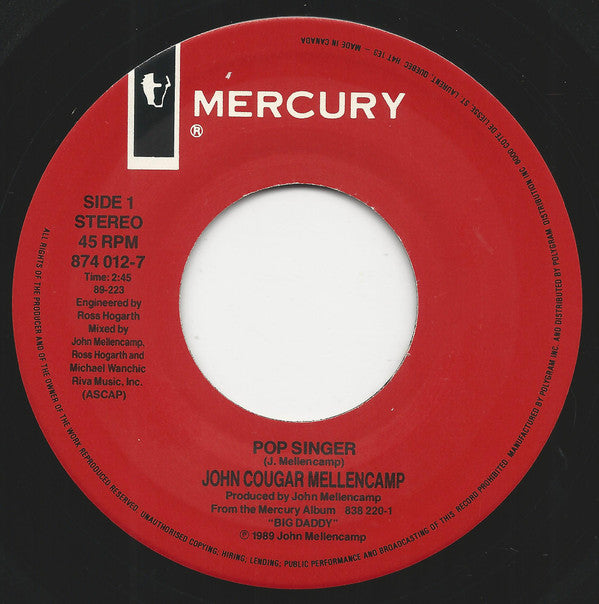 John Cougar Mellencamp : Pop Singer (7")