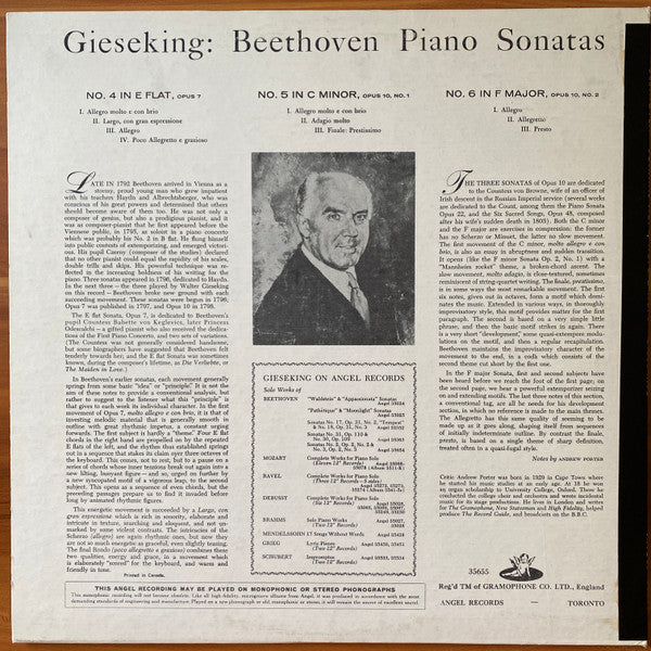 Beethoven* / Gieseking* : Sonatas No. 4 In E Flat Op. 7 / No. 5 In C Minor Op. 10 No. 1 / No. 6 In F Major Op. 10 No. 2 (LP, Album, Mono)