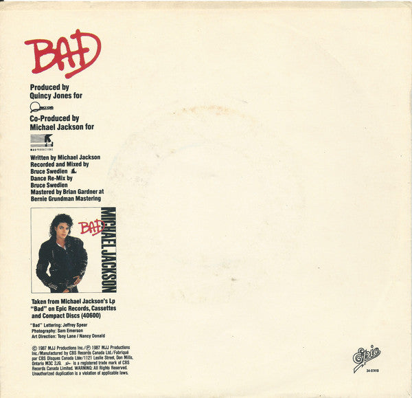 Michael Jackson : Bad (7", Single)