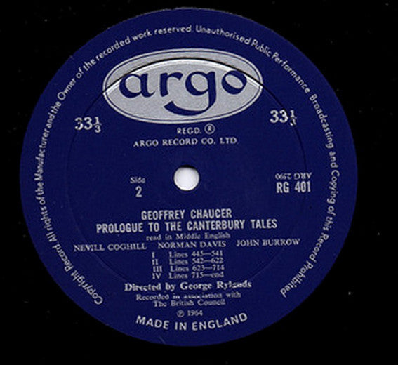 Chaucer*, Nevill Coghill, Norman Davis (3), John Burrow : Prologue To The Canterbury Tales Read In Middle English (LP, Mono)