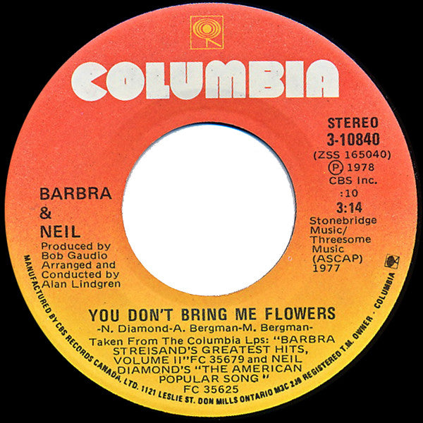 Barbra* & Neil* : You Don't Bring Me Flowers (7", Single)