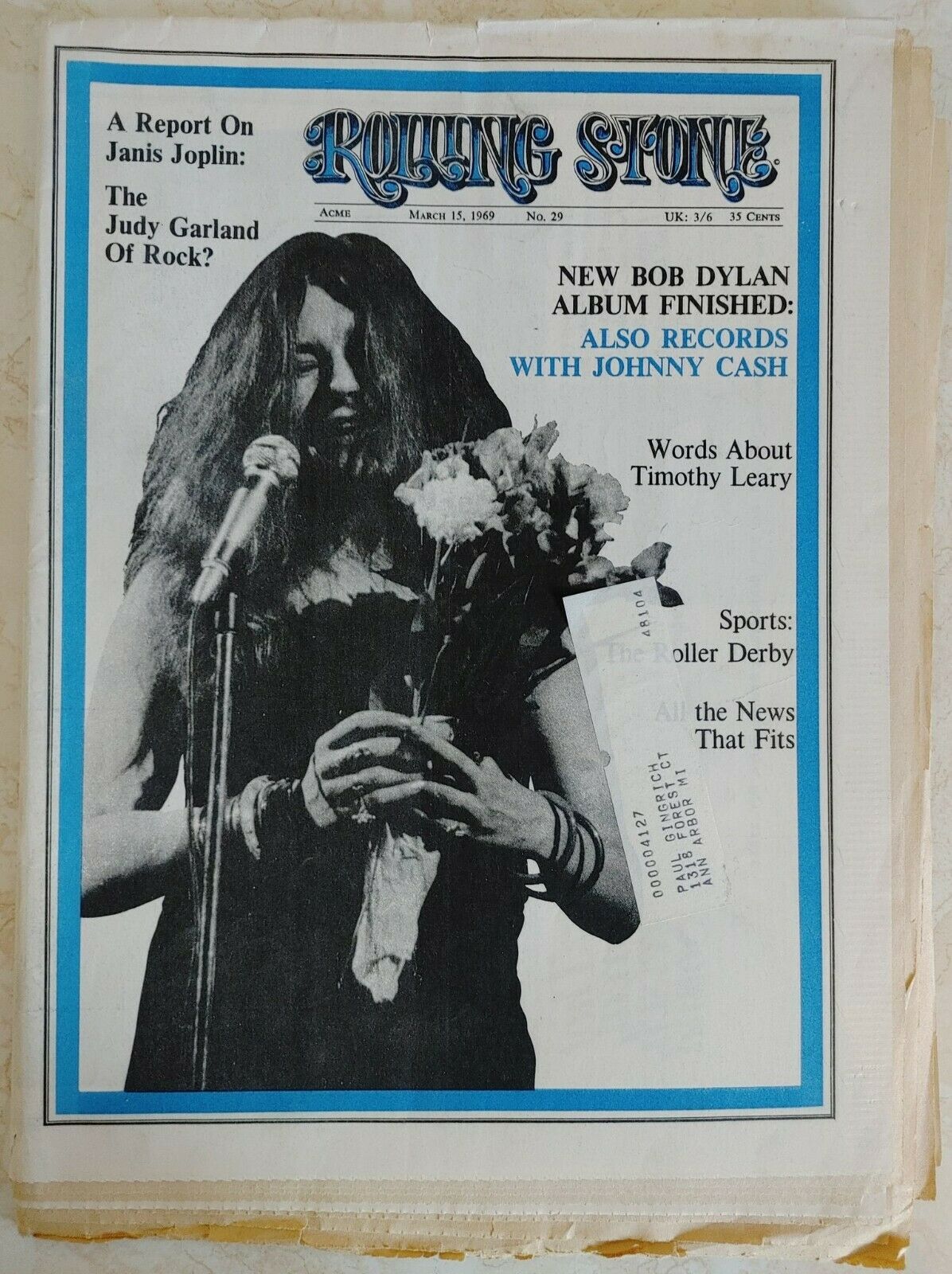 Janis Joplin Rolling Stone Magazine No. 29 March 15, 1969