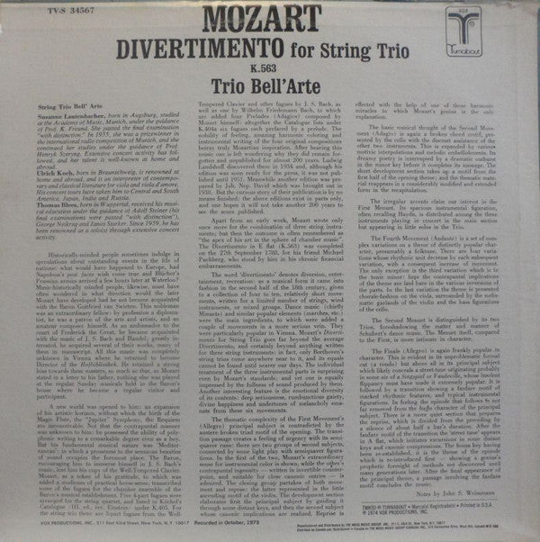 Mozart* : Trio Bell'Arte : Divertimento For String Trio K. 563 (LP, Quad)