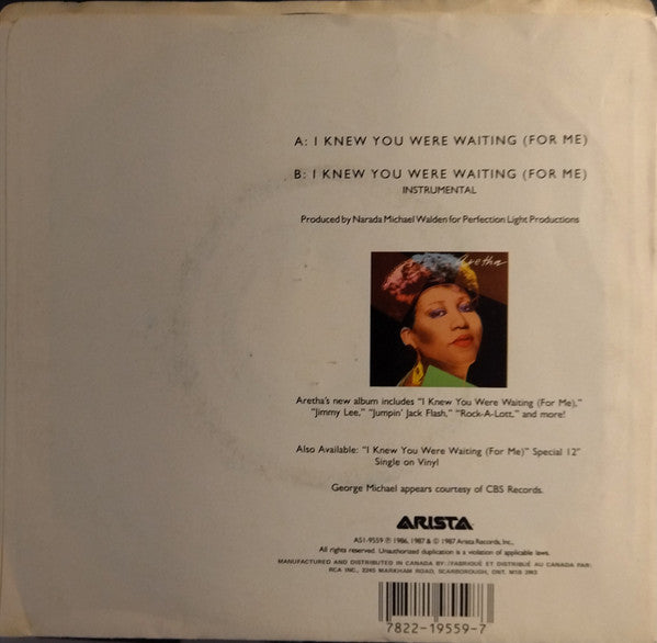 Aretha Franklin And George Michael : I Knew You Were Waiting (For Me) (7", Single)