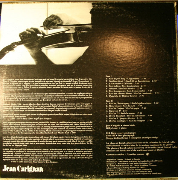 Jean Carignan : Jean Carignan Rend Hommage À Joseph Allard (LP, Album)