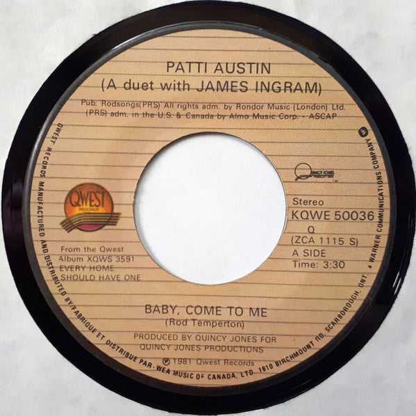Patti Austin A Duet With James Ingram : Baby, Come To Me (7")