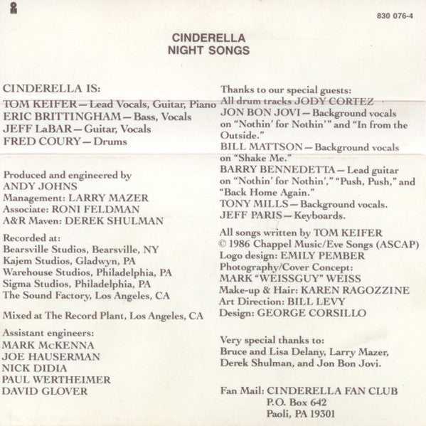 Cinderella (3) : Night Songs (Cass, Album, RP, Bla)