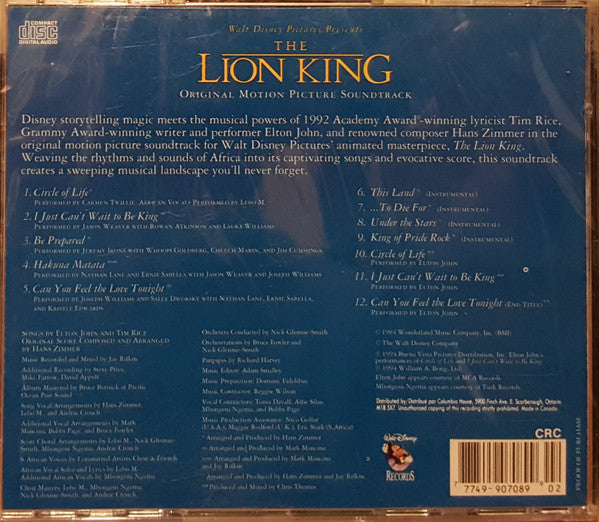 Various : The Lion King (Original Motion Picture Soundtrack) (CD, Album, Club)