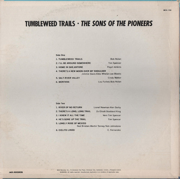 The Sons Of The Pioneers : Tumbleweed Trails (LP, Comp, RE)