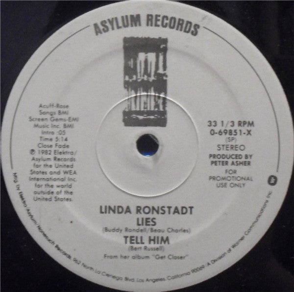 Linda Ronstadt : Lies / Tell Him (12", Promo)