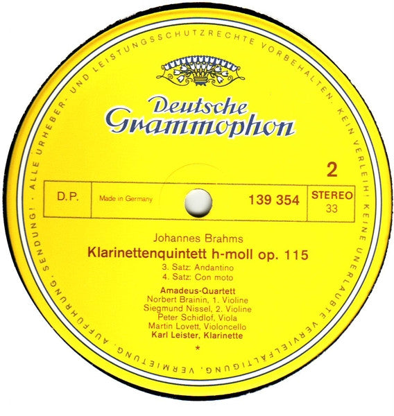 Johannes Brahms - Amadeus-Quartett • Karl Leister : Klarinettenquintett H-Moll (LP)