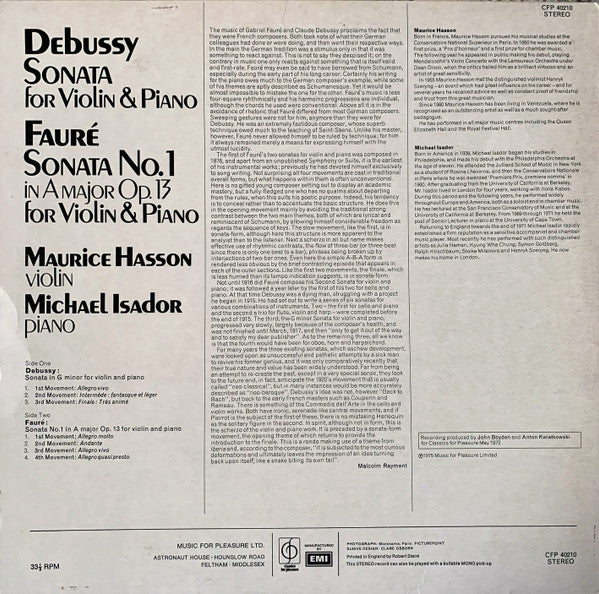 Claude Debussy, Gabriel Fauré, Maurice Hasson, Michael Isador : Sonata For Violin & Piano / Sonata No. 1 In A Major Op. 13 For Violin & Piano (LP, Album)