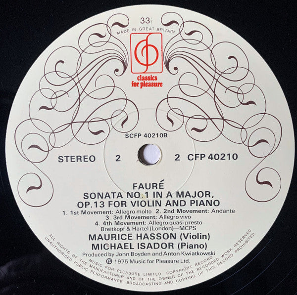 Claude Debussy, Gabriel Fauré, Maurice Hasson, Michael Isador : Sonata For Violin & Piano / Sonata No. 1 In A Major Op. 13 For Violin & Piano (LP, Album)