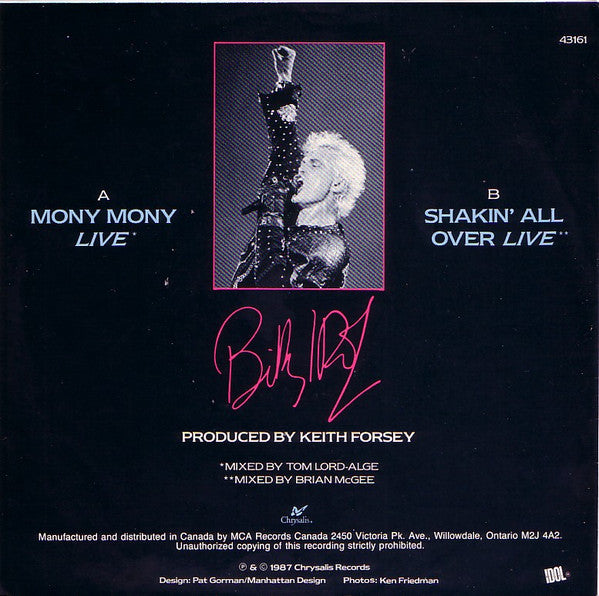 Billy Idol : Mony Mony (Live) / Shakin' All Over (Live) (7", Single)