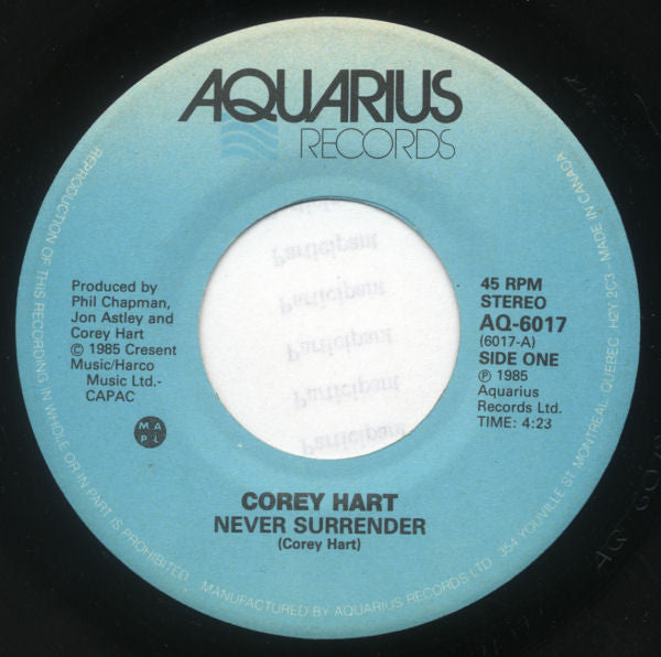 Corey Hart : Never Surrender (7", Single, Pos)