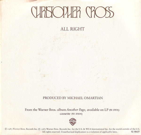 Christopher Cross : All Right (7", Single)