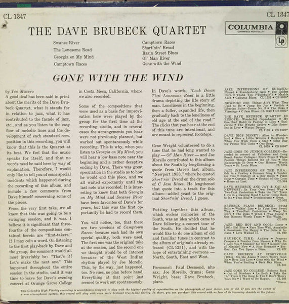 The Dave Brubeck Quartet : Gone With The Wind (LP, Album, Mono)