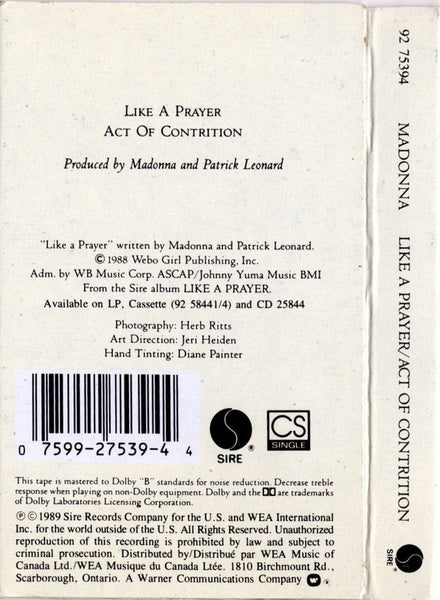 Madonna : Like A Prayer / Act Of Contrition (Cass, Single, Dol)