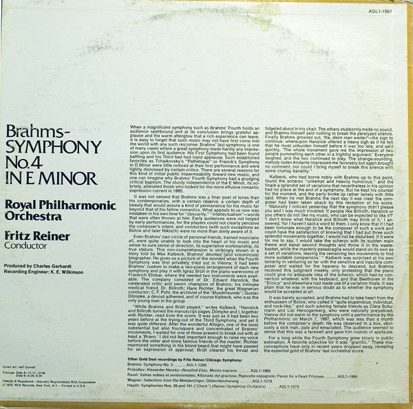 Fritz Reiner Conducts The Royal Philharmonic Orchestra :  Symphony No.4 In E Minor, Opus 98 (LP, RE)