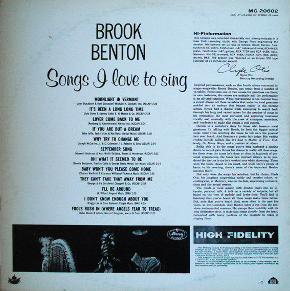 Brook Benton : Songs I Love To Sing (LP, Album, Mono)