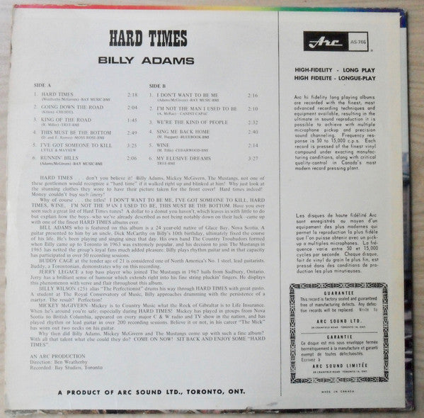Mickey McGivern & The Mustangs (23) Featuring Billy Adams (12) : Hard Times (LP, Album)